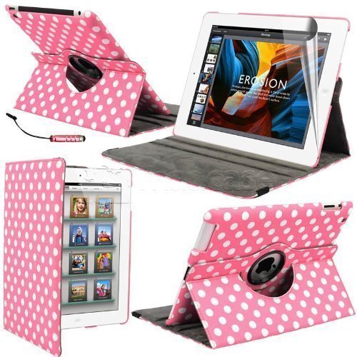MadCase Apple iPad 4 (mit retina display) Stilisch Muster PU Leder Rotierend Smart Ständer Schutzhülle - kompatible mit iPad 2 und iPad 3 einschließlich Displayschutzfolie & Eingabestift - Gepunktet - Hellrosa