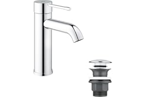 GROHE Robinet lavabo de salle de bains Essence, mitigeur monocommande sans tirette de vidage, vidage clic clac inclus, installation rapide, taille M, chromé, 23797001 (Import Allemagne)
