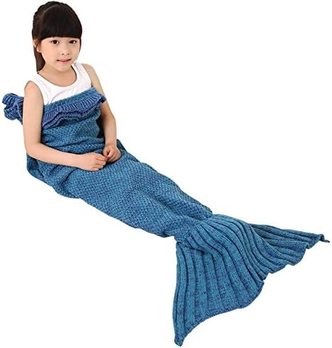 Mermaid Tail Blanket for Kids OKAYSHOP Crochet Handmade Knitted Sleeping Bag For Girls All Seasons Warm Sofa Living Room Blankets 135cmX65cm(53"x26") (Blue)