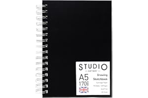 Artway Studio – Spiral Bound A5 Sketchbook – Portrait - 96 Sides/48 Pages of 170gsm Cartridge Paper – Black Hardback Sketchbook