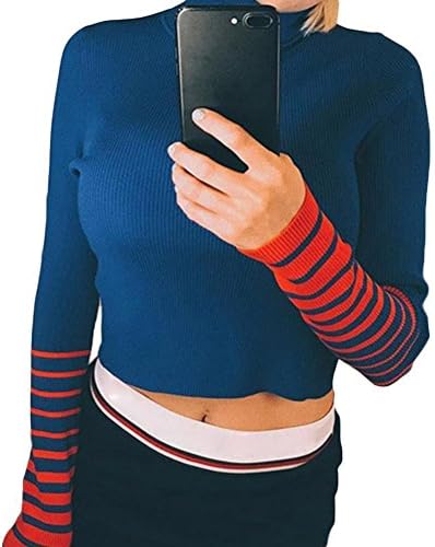 VingDy 2017 Autumn Winter Fashion Sexy Exposed Belly Button Long Sleeve Stripe Knitting Cotton Mosaic Stand Collar Female Women Sweater (BLUE)