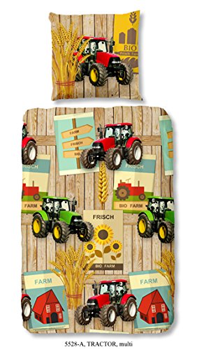 Aminata Kids - coole Jungen-Kinder-Bettwäsche 135x200 roter Traktor Bauernhof Bauer Jungen-&-Mädchen-Bettwäsche-Kinder Baumwolle Reißverschluss
