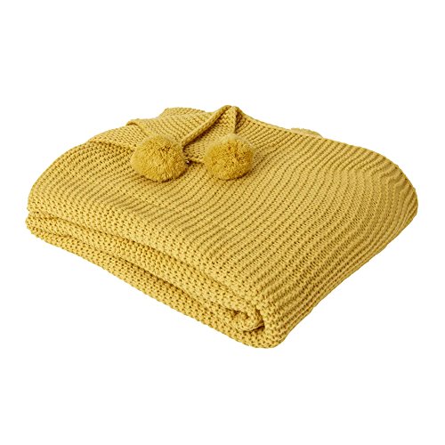 Dreamscene Chunky Throw Large Knitted Thick Warm Pom Sofa Bed Blanket-Mustard Yellow Ochre, 150 x 18 Dreamscene Chunky Throw Large Knitted Thick Warm Pom Sofa Bed Blanket-Mustard Yellow Ochre, 150 x 18