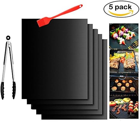 Set of 5 BBQ Grill Mat- WIWIR Non Stick BBQ Mat, Reusable and Easy to Clean Barbecue Mat, Perfect for Baking on Gas, Charcoal, Oven and Electric Grills with Silicone Oil Brush& Basting Tongs