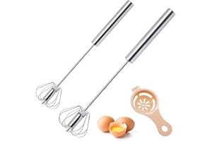 VicBou 2pcs Semi-Automatic Push Whisk, Manual Stainless Steel Egg Whisk, Hand Push Whisk Blender, Rotating Push Mixer, Rotary Kitchen Utensil Mixer(12 Inches + 10 Inches)