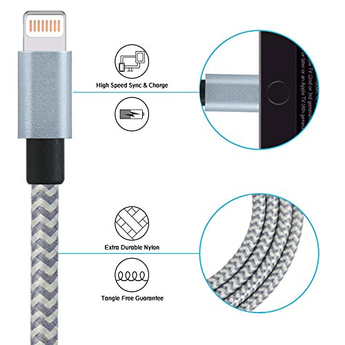 PeziMu iPhone Kabel Nylon, Geflochtenen USB Kabel für iPhone7 / 7plus / 6s / 6 plus, iPhone SE, iPhone 5s 5c 5, iPad, iPod – (1+2+3)M (Grau Weiß) - 4