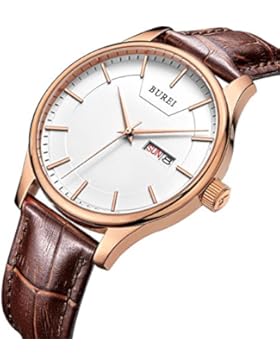 BUREI Herren Quarz Roségold Armbanduhr Weißes Ziffernblatt mit Tages und Datumsanzeige Braun Echtes Lederband