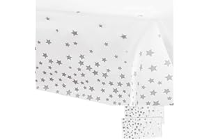 YAAVAAW 2Pcs 137*274cm White and Silver Disposable TableCloths Party Paper Plastic TableCloth,Silver Star Rectangular Waterproof Table Cover for Picnic,Baby Shower,Wedding,Christmas,Birthday Party Decor