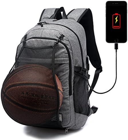 Loiee Business Water Resistant Basketball Backpack With USB Charging Port Fits For Under 17 Inches Notebook&amp;Tablet,Multi-functional Travel Bag With Basketball Net Backpack For Women/Men, Grey