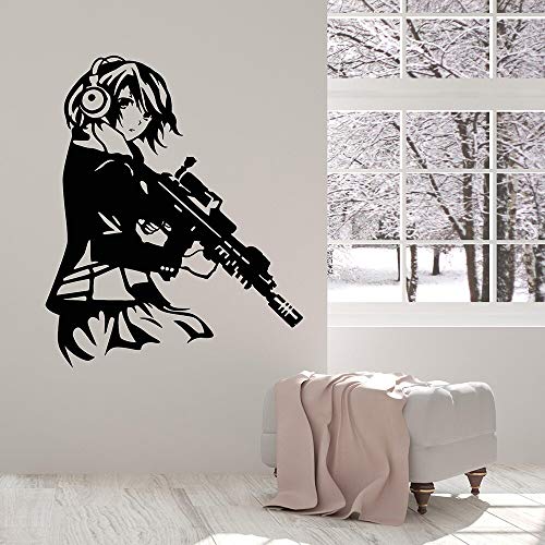 Preisvergleich Produktbild yiyitop Kühle Anime Mädchen mit Pistole Kopfhörer Vinyl Wandtattoo Wohnkultur Wohnzimmer Kunstwand Wandaufkleber 58 * 70 cm