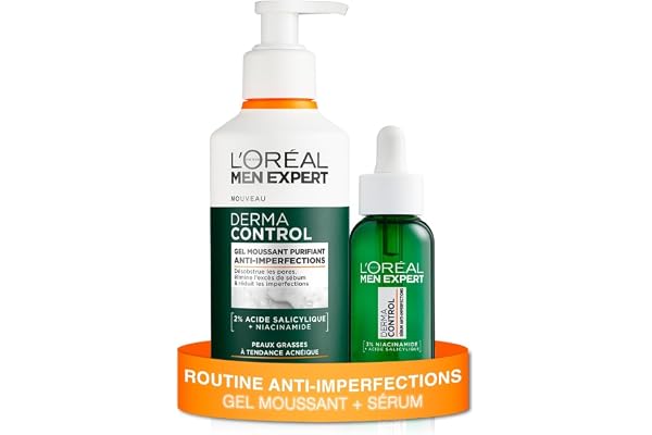 L'Oréal Men Expert - Routine Anti-Imperfections - Gel Moussant Purifiant + Sérum - Enrichie en Acide Salicylique & Niacinamide - Derma Control - 260 ml + 30 ml