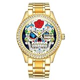 Diamantvergoldete Uhr Luminous Luxury Waterproof Einzigartige Gold-Armbanduhr 401.Sugar Skull Mens Watch