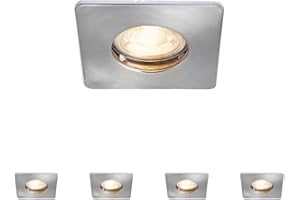 NATIONAL LIGHTING Fire Rated Downlights, Square Ultra Slim, Brushed Chrome Bathroom/Shower Ceiling Lights, GU10 LED, Dimmable Recessed Spotlights IP65 Rated - Pack of 4