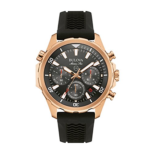 Bulova Men's Designer Chronograph Watch Sports Rubber Strap - Water Resistant Rose Gold Marine Star 97B153