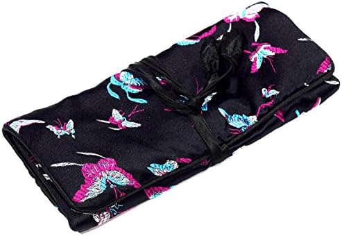 Black Blue Butterfly Print Embroidery Make Up Roll Jewellery Roll