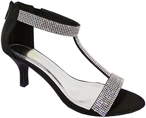 Womens Black Satin Mid Low High Heel Strappy t Bar Party Wedding Prom Sandals Shoes Size (UK7/EU40, Black Satin)