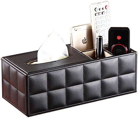 Japace® 3 Slot Muti-functional Large Leather Rectangle Desktop Organizer Storge with Tissue Box for Office and Home Use(Business Card/Pen/Pencil/Mobile Phone/Remote Controller/Cosmetics Holders) - Black Goatskin
