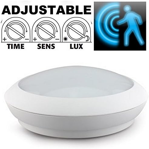 Circular Outdoor Indoor LED Microwave sensor Interior White Frosted Lens Round Robust Bulkhead Wall Welcome Hallway Light - Supplied With Integrated 15w Cool White LED Fitting Toilet Bathroom Hallway IP65 Motion Sensor