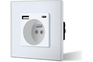 BSEED Prise Murale avec USB et Type C, Prise de courant en Verre avec USB 2.1A courant 16 Amp 240V 86mm Blanc