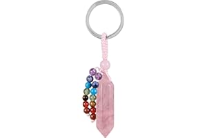 Amogeeli Porte-clés en Cristal avec Pendentif à Hexagonale Facettes et Frange en Pierre aux 7 Chakras, Chaîne de Clé en Quartz Prismatique Porte-bonheur Pendule Divinatoire