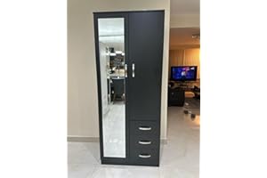 PALAKLOT 2 Door 3 Drawer Full-length Mirror Wardrobe | Modular Cabinet for Space Saving | Ideal Storage Organizer (Black)