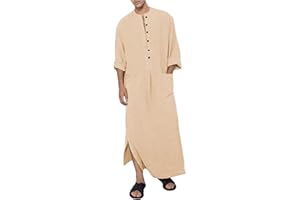 YAOHUOLE Herren Kaftan V-Ausschnitt Langarm Kaftan Herren Lang Knopf Hoch Thobe Herren Seite Split Baumwolle mit Taschen