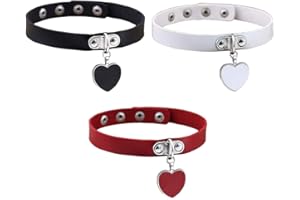 Jurxy Breit Lederhalsband Halskette 3PCS Herz Form Damen Leder Choker Metall Ring Halsband Gotik Punk Rock Lederband Einstellbar Kragen mit Herzanhänger - Schwarz Weiß Rot
