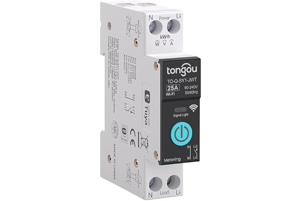 TONGOU 25A DIY Interrupteur Intelligent Compatible avec Alexa, Google Assistant, TUYA/Smart Life APP Contrôle à Distance, Rail Din Commutateur WiFi avec Mesure, Commande Vocale et Fonction de Temps