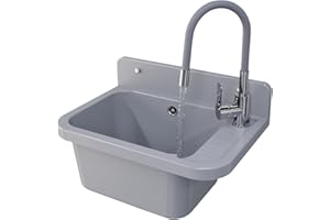 Granitan Ausgussbecken für Garage Keller Werkstatt und Waschküche - Universal Waschtrog mit Siphon - Waschbecken Wandmontage - 50x34x31 cm (Grau + Waschtischarmatur FLEX)