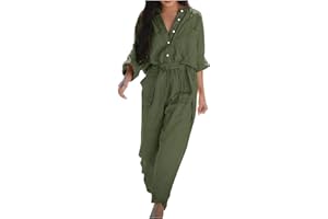 VPQILH Women's Cotton Linen Cargo Jumpsuit Clearance Ladies Long Sleeve Jumpsuits V-Neck Romper with Pocket Casual Dungarees Baggy Overall Solid Color Long Pants Trousers Spring Autumn Playsuits