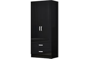 Nera High Gloss 2 Door Wardrobe with Drawers and Hanging Rail Slim Wardrobes for Small Bedrooms Storage (Black Gloss (Matt Black))