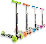 Trottinette 3 roues débutante pour enfant 4 à 10 ans idéal pour apprentissage, couleurs et motifs variés et des roues lumineuses et solides - Pour tourner : inclinez le guidon !(Vert motif, 4-10 ans)