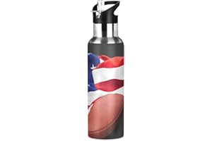Mnsruu American Flag Football Trinkflasche Wasserflasche mit Strohhalm für Sport, 600ML Thermosflasche BPA-frei Isolierflasche Edelstahl 18/8 für Kinder Wandern Schule