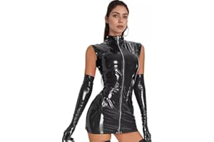 PARUPRUP Mujer Sexy Cuero Cremallera Frontal Mini Vestido Látex Wetlook Babydoll Leather Patent Minifalda Metálico Ajustado Camisón Sin Mangas Elástico Clubwear Discoteca Club Mono Bodycon Lencería