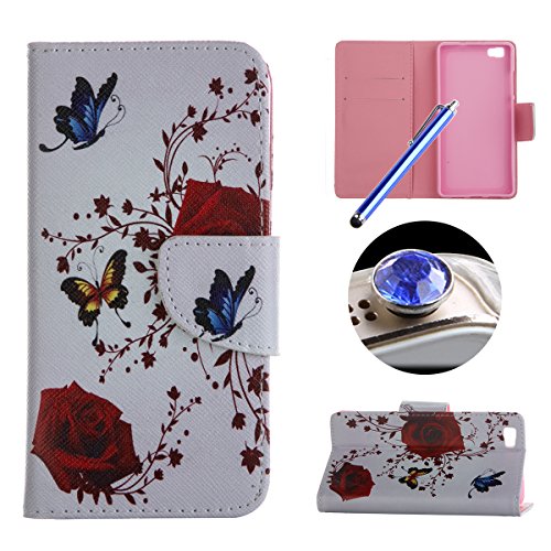 Etche Stand Case for Huawei P8 Lite ,Leather Wallet Case for Huawei P8 Lite,Pretty Red Rose Butterfly Pu Leather Magnetic Flip Case with Card Holder for Huawei P8 Lite with Blue Stylus Pen and Bling Glitter Diamond Dust Plug Colors Random-Red Rose Butterfly
