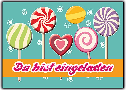 Set 12 Einladungskarten zum Kindergeburtstag Geburtstag Einladung Karten Lollies Lutscher Geburtstagseinladung Geburtstagskarte mit Text neutral Sommerfest Strand beach retro vintage teenager Kinder