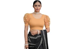 Jaanvi fashion Damen-Saree mit Rundhalsausschnitt, Lycra, dehnbar, Puffärmel, fertig konfektioniert (Diwali Special)
