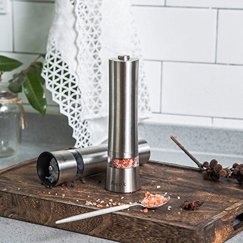 Aicok Salz und Pfeffermühle, Elektrische Gewürzmühle mit einstellbarer Feinheit 2er Set, Silber - 2