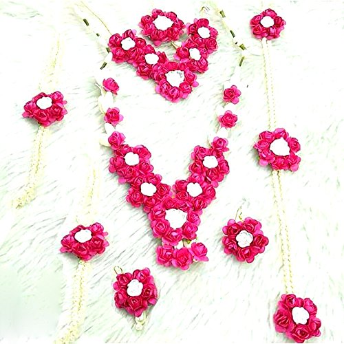 QUVYARTS Floret Pink White Flower Jewellery Set with 2 Necklaces, Earrings, Maang Tika, Waistband and Bracelets for Women