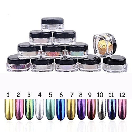 Lover Bar Mirror Nail Glitter Powder Set-Metallic Magic Effect Cosmetics Makeup Tools Kit-2-3g Shinning Additive Pigment Tip Decoration Art Nails Chrome Dust for UV Gel Polish+Applicator Sponge Stick (Pack of 12)