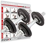 PRODUKT - POWRX Gusseisen Kurzhantel 20 kg Set (2 x 10 kg) | Farbe: Schwarz/Silber | Scheiben: 4 x 1,25 kg + 4 x 2,5 kg | Gewicht (Stange): 2 x 2,5 kg | Link Workout Poster per Mail in Ihrer Versandbestätigung.