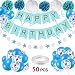 Produktbild Howaf 50 Stück Geburtstagsdeko Jungen, Blau Happy Birthday Girlande Banner Pompoms Spiralen Luftballons Konfetti Ballons Set Kindergeburtstag deko Geburtstag Dekoration für Jungen Männer