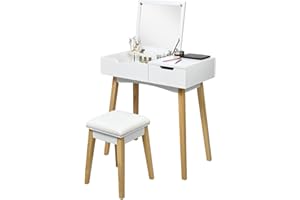 COSTWAY Tocador de Maquillaje con Espejo y Taburete Mesa Escritorio Mesa Cosmética para Dormitorio Salón Blanco