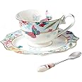Bone China Coffee Cup and Saucer Set with Spoon, Butterfly Porcelain Tea Cup Ceremic Mugs Coffee Mug Set (B)