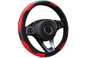 VidFair Car Steering Wheel Cover Leather,Anti-slip Breathable Carbon Fiber Sports Elastic Band Without Inner Ring Steering Wheel Cover Universal Size for Fit Four Seasons(Black-Red)
