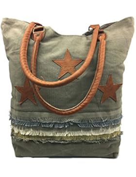 Shopper Sterne Vintage mit Leder Griffe - toll als Einkaufstasche, Badetasche etc.