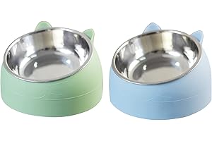 EMLSTYLE 2 Pack Stainless Steel Pet Cat Bowl, Cat Food Bowl, Cat Water Bowl (200 ml, blue+green)