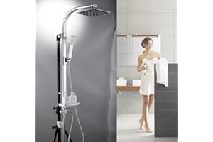 BRIEFNESS Duschgarnitur mit Seifenschale Überkopfbrause Handbrause Duschsäule Schlauch, Regendusche Duschsystem für Badezimmer, Höhenverstellbar Chrom
