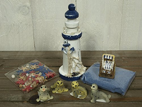 8tlg. Deko Set b/w: Leuchtturm, Strandkorb, Robben, Sand, Muscheln und Seesterne maritime Dekoration