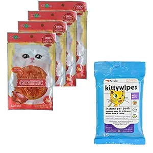 Cataholic Neko Chicken Jerky Sliced Cat Treat, 30 g (Pack of 4) with Free Kitty Wipes (15 Wipes)